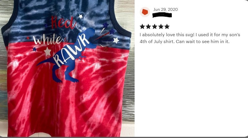 May include: Red, white, and blue tie-dye tank top with a dinosaur graphic and the text "Red White Rawr".
