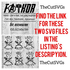 May include: Black and white digital design featuring the text "FAHOR" with a hammer and lightning bolt graphic. The text "noun: Like a dad, but way mightier /See also: handsome, marvelous/ Est. 0123456789 Est.0123456789" is also included. The design is surrounded by a wood grain background. The text "TheCutSVGs FIND THE LINK FOR THESE TWO SVGFILES IN THE LISTING'S DESCRIPTION. TheCutSVGs" is also included.