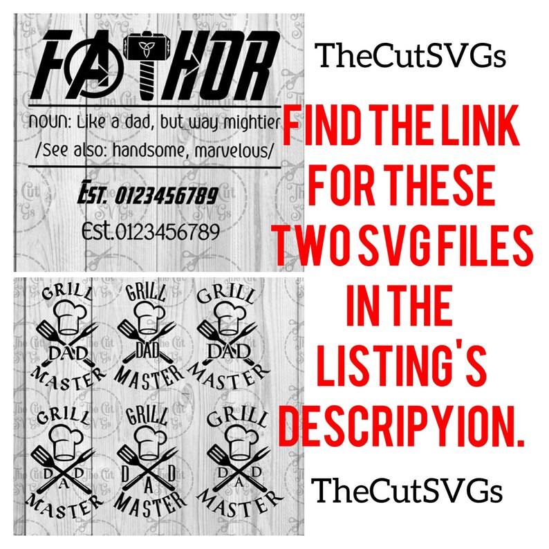 May include: Black and white digital design featuring the text "FAHOR" with a hammer and lightning bolt graphic. The text "noun: Like a dad, but way mightier /See also: handsome, marvelous/ Est. 0123456789 Est.0123456789" is also included. The design is surrounded by a wood grain background. The text "TheCutSVGs FIND THE LINK FOR THESE TWO SVGFILES IN THE LISTING'S DESCRIPTION. TheCutSVGs" is also included.