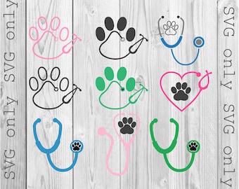 May include: Eight different SVG designs featuring paw prints and stethoscopes in pink, blue, green, and black. The text "SVG only" appears at the top and bottom of the image.