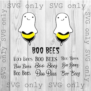 May include: A digital design featuring two white ghosts with black eyes and smiles, each wearing a yellow and black bee costume. The text "BOO BEES" is written in black below the ghosts. The text "SVG only" appears on the left and right sides of the image.
