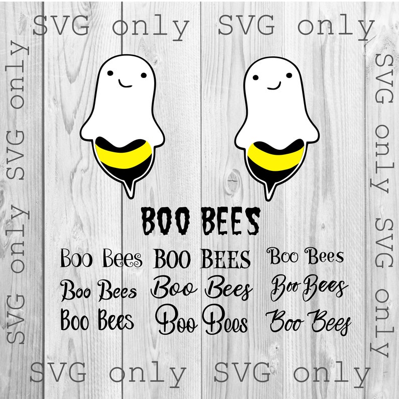 May include: A digital design featuring two white ghosts with black eyes and smiles, each wearing a yellow and black bee costume. The text "BOO BEES" is written in black below the ghosts. The text "SVG only" appears on the left and right sides of the image.