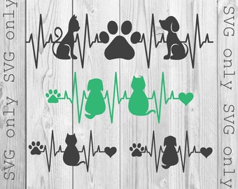 May include: Four different designs of a heartbeat with a paw print, cat, and dog. The designs are in black, green, and white. The text "SVG only" appears on the top and bottom of the image.