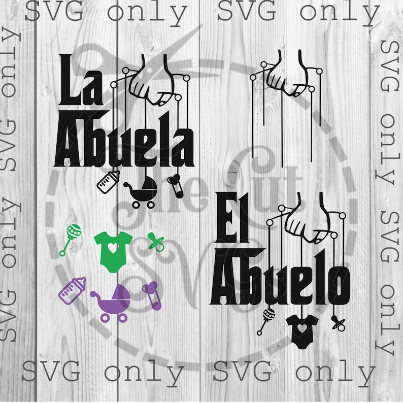 May include: Black and white graphic design featuring the text "La Abuela" and "El Abuelo" with a hand puppet design. The text is in a bold, sans-serif font.  The hand puppets are holding strings attached to baby items such as a rattle, a baby bottle, a baby carriage, and a onesie.