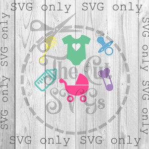 May include: A set of six baby-themed SVG cut files, including a baby bottle, a dummy, a baby carriage, a baby onesie, a pair of scissors, and a rattle. The files are in a circle with a dashed line border.