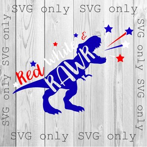May include: Red, white, and blue graphic of a Tyrannosaurus Rex dinosaur roaring with the words "Red White & RAWK" in a patriotic design.