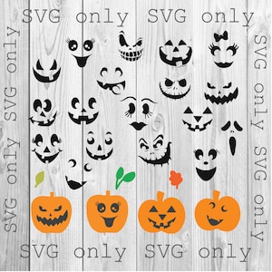 May include: A set of 18 black and white SVG files featuring various pumpkin faces and expressions. The SVG files are perfect for crafting, scrapbooking, and other creative projects.
