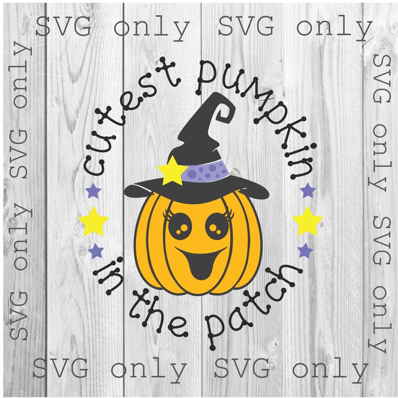 May include: A witch-themed pumpkin with a purple hat and yellow stars, surrounded by the text "Cutest Pumpkin in the Patch".