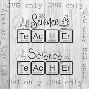 May include: Black and white illustration of science-themed elements, including beakers, a microscope, and periodic table squares with the elements Tellurium, Actinium, Hydrogen, and Erbium. The text "Science" appears twice in a stylized font.
