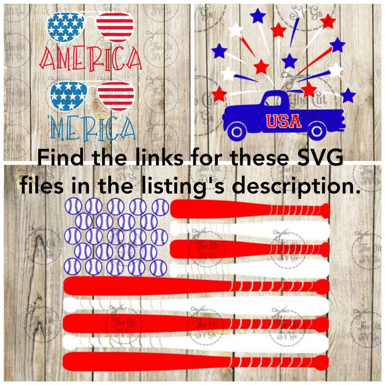 May include: Four digital designs featuring American patriotic themes. The designs include a red, white, and blue American flag made of baseball bats and baseballs, a red, white, and blue American flag with sunglasses, a red, white, and blue pickup truck with fireworks and the word "USA" on the side, and a red, white, and blue American flag with sunglasses and the word "AMERICA" above it.