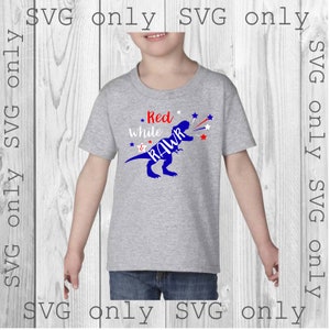 May include: A gray t-shirt with a red, white, and blue dinosaur graphic. The dinosaur is roaring and has fireworks coming out of its mouth. The text "Red White & RAWr" is printed on the shirt.