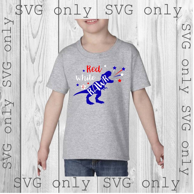 May include: A gray t-shirt with a red, white, and blue dinosaur graphic. The dinosaur is roaring and has fireworks coming out of its mouth. The text "Red White & RAWr" is printed on the shirt.