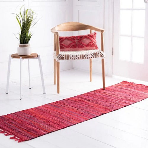 Hand Woven Textured Red Rag Rug Runner Long Hallway Runner Etsy