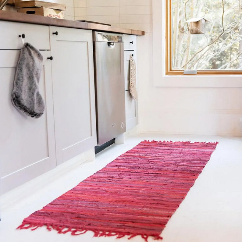 Red Rag Rug Handwoven Runner Red Bathroom Rug Red Kitchen Etsy