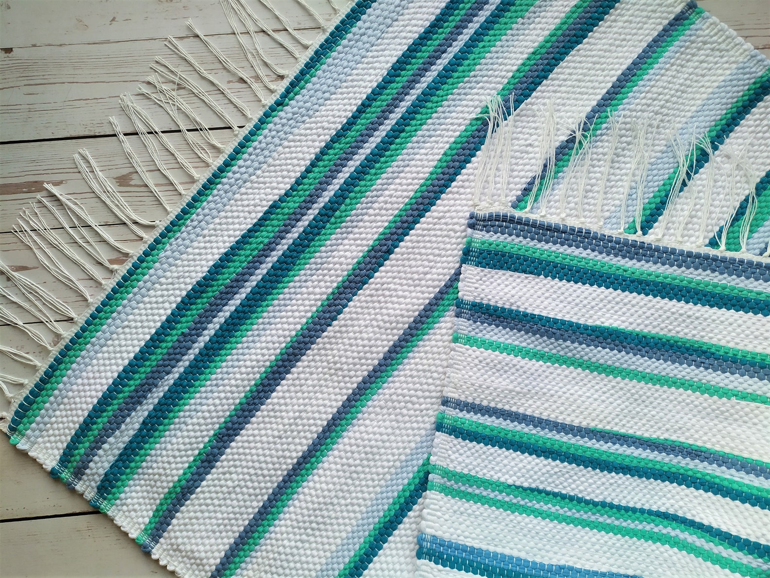 Modern Whiteblue Rag Rug Runner Handwoven Cotton Area Rug Etsy