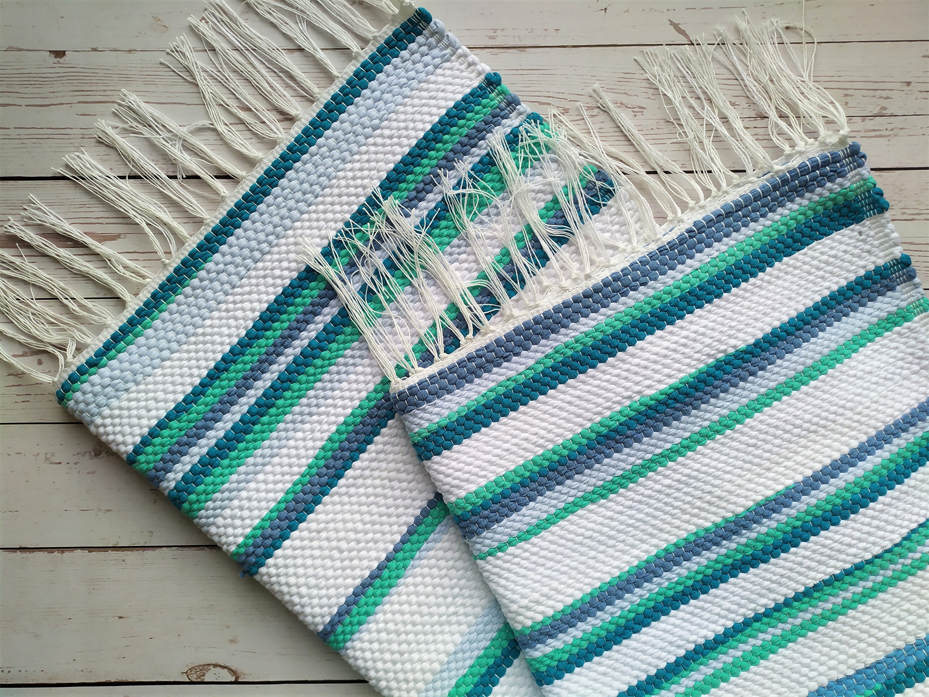 Modern whiteblue rag rug runner Handwoven cotton area rug Etsy