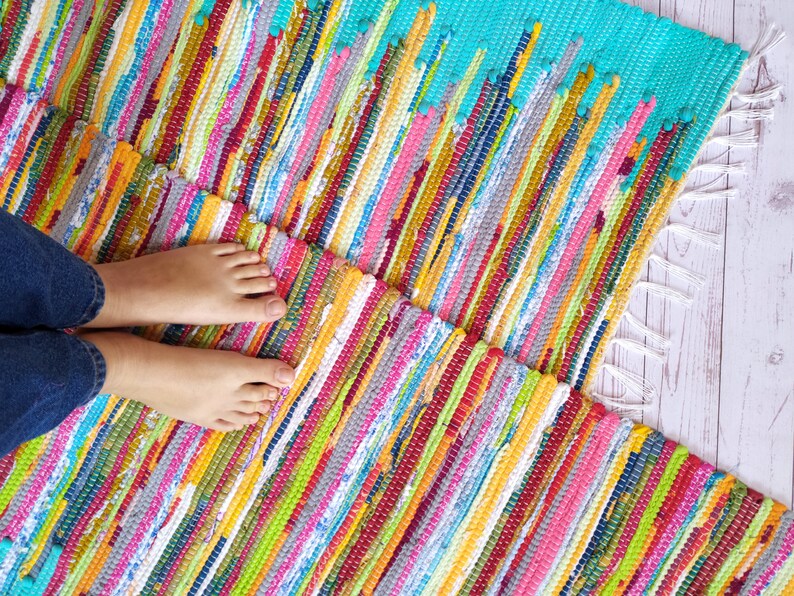 Turquoise Rag Rug Runner With Multicolor Pattern 2x3 Hand Etsy