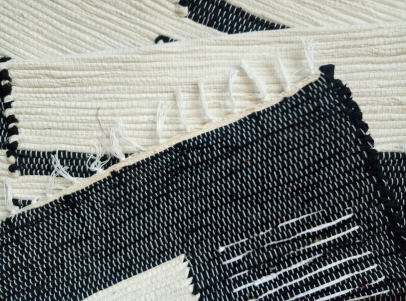 Black white runner rug Geometric area rug Cotton rag rug Etsy
