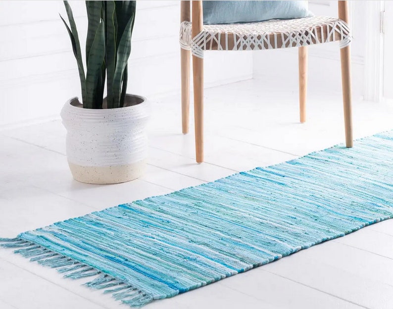 Bathroom rug runner Rag rug blue Large area rug living room Etsy