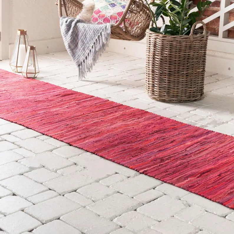 Red Rag Rug Handwoven Runner Red Bathroom Rug Red Kitchen Etsy