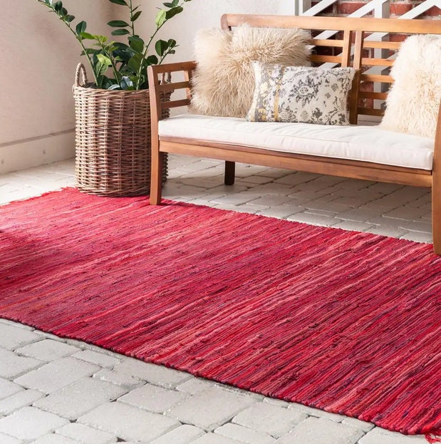 Hand Woven Textured Red Rag Rug Runner Long Hallway Runner Etsy
