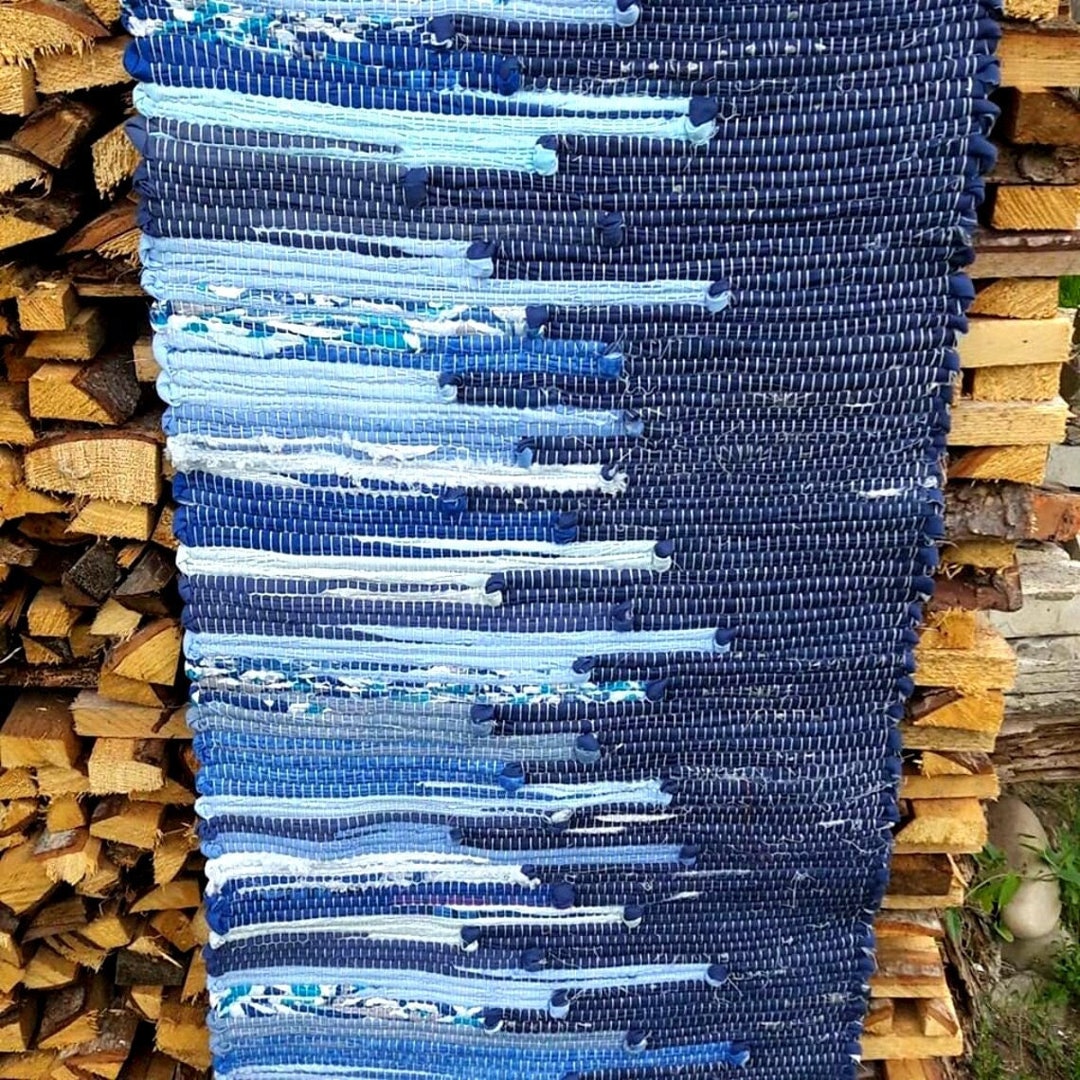 Navy Blue Rag Rug Hand Loomed Dark Blue Runner Rug Striped Etsy