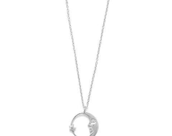 Crescent Moon and Star Sterling Silver Necklace