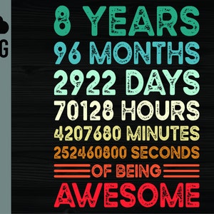 8 Years PNG, 96 Months Of Being Awesome, 8th Birthday Gifts, Birthday Boy, Birthday Girl, Digital Download, Print, Sublimation, Cut Files