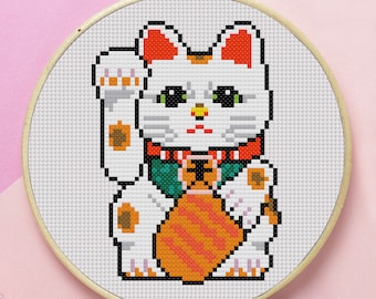 Maneki neko cat counted cross stitch pattern PDF simple animal cat lover gift cute chinese lucky beginner modern fortune #CS265