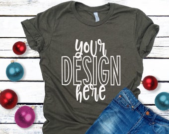 Bella Canvas Mockup Christmas Forest Green Shirt 3001 Flatlay Etsy