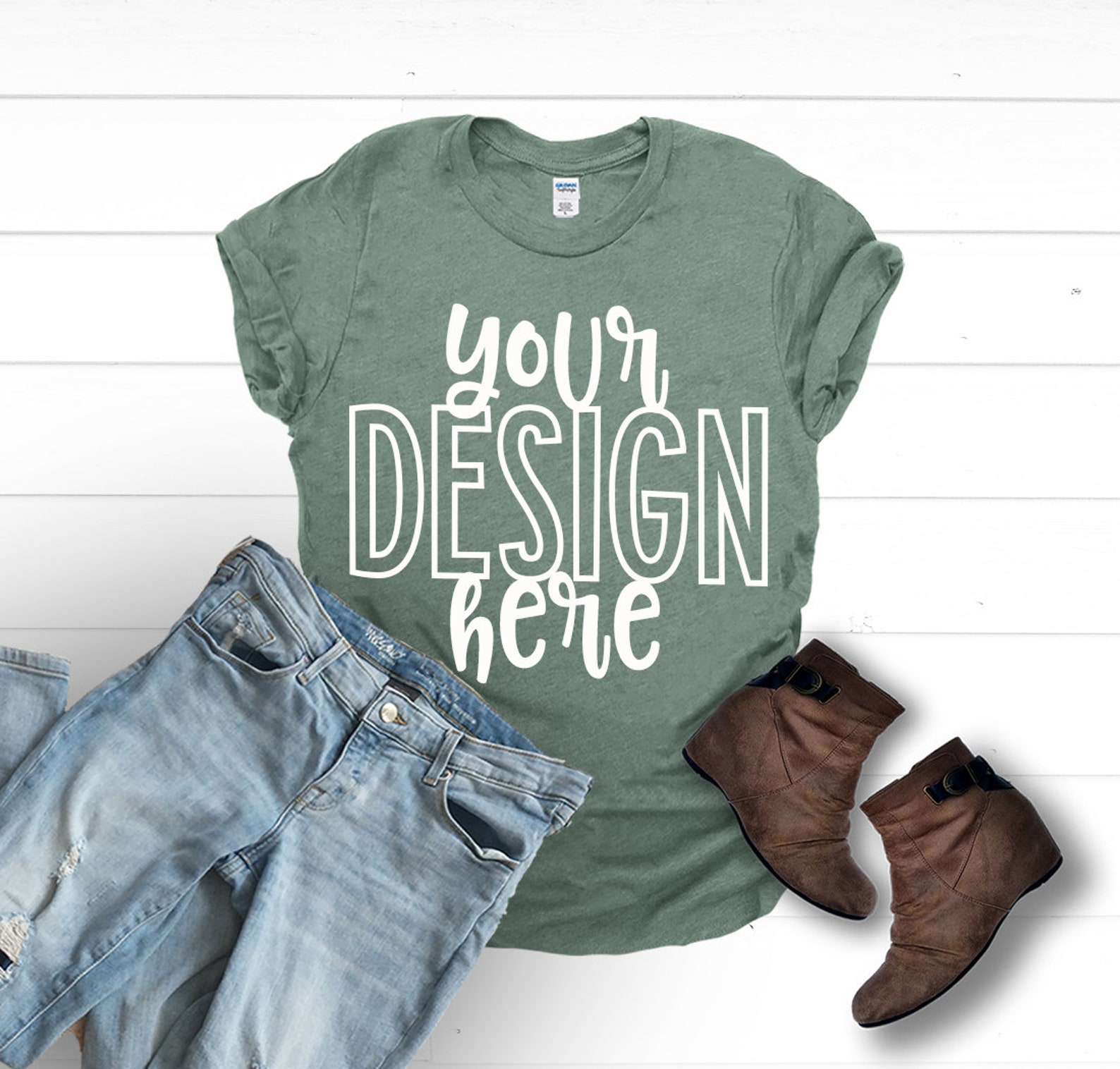 Gildan SS Mockup Gildan Softstyle Heather Forest Green Etsy