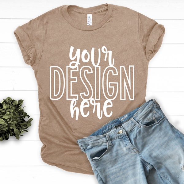 3001 HEATHER TAN Flatlay T-shirt Mockup by The Printed Pelican