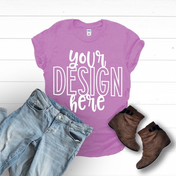 Gildan SS Mockup, Gildan Softstyle Heather Radiant Orchid Flatlay T-shirt 64000 Mockups by The Printed Pelican