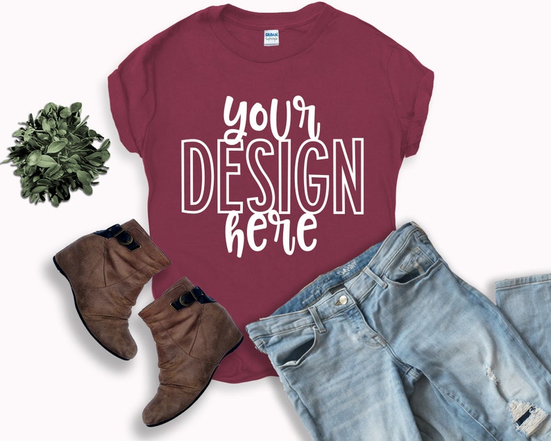 Gildan MAROON Flatlay T-shirt Mockup Soft style mock up by ...