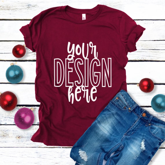 Bella Canvas 3001 Christmas Maroon Shirt Flatlay Mockup Bella Etsy