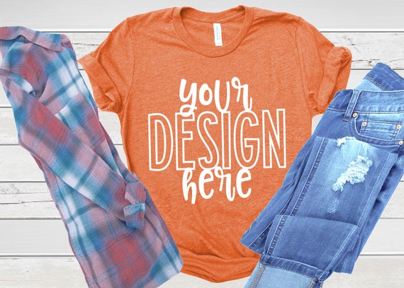 3001 Bella Heather Orange Flatlay T Shirt Mockup By The Etsy