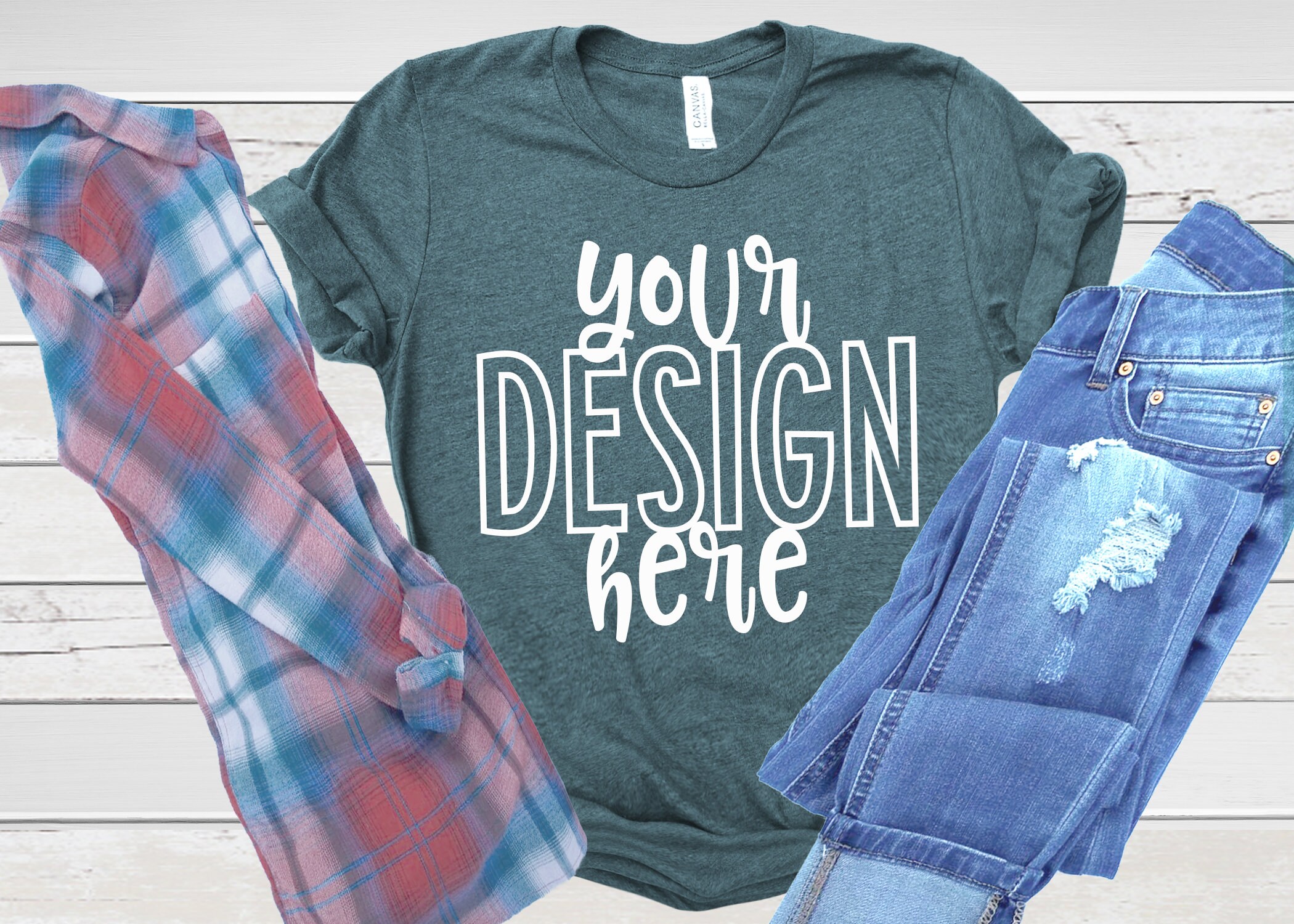 3001 Bella Heather Teal Flatlay T-shirt Mockup by the Printed | Etsy