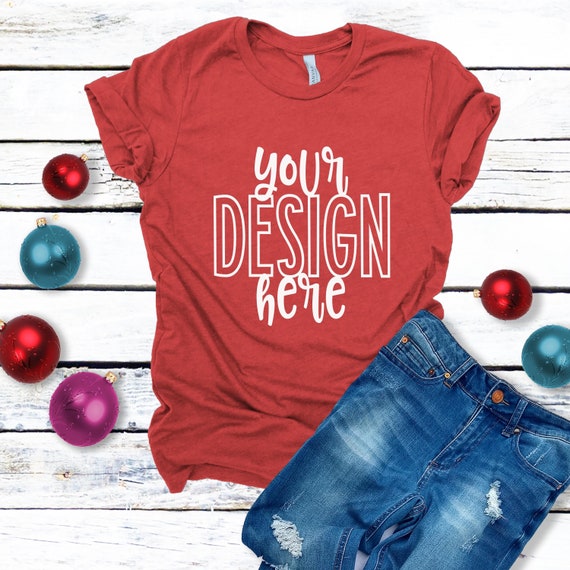 Bella Canvas 3001 Christmas Heather Red Shirt Flatlay Mockup Etsy