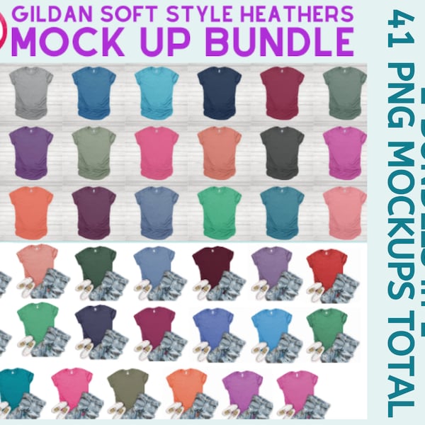 Shirt Mockup Bundle, Gildan SS Heather Colors Mockup Bundle,  Shirt Mockups, Gildan Mock up, Soft Style Flatlay bundle by Printed Pelican