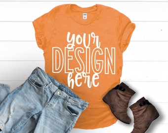 Gildan SS Mockup, Gildan Softstyle Heather Orange Flatlay T-shirt 64000 Mockups by The Printed Pelican