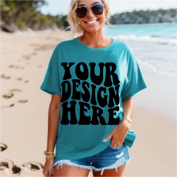 Gildan Tropical Blue T-shirt Mockup, 64000 Beach Shirt mock up, Soft Style Model Mockups by The Printed Pelican