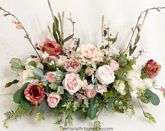 Large Blush Pink Rose Floral Arrangement | Farmhouse Wedding Centerpiece
