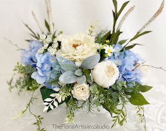 Blue Hydrangea Floral Arrangement | Farmhouse Centerpiece