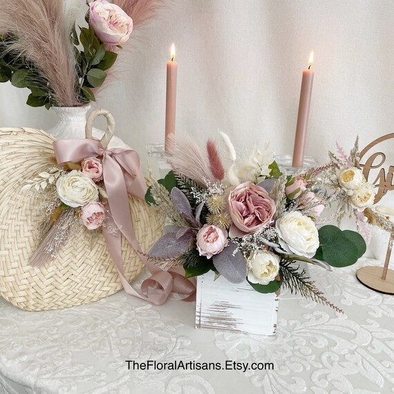 Artificial Flower Candle Holder Centerpiece - Peonies, Roses, Morning Glory For Wedding, Table Decor