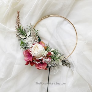 Hoop Faux and Dried Flowers Cake Topper - Floral Cake Topper - Fall Wedding Cake Topper, Terracotta Wedding cake topper
