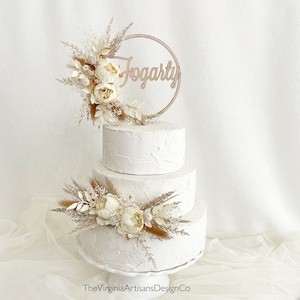 Personalized Hoop Cake Topper/ Dried Flowers/ Silk Flowers - Pampas/ Dried - Boho Cake Topper with Side Decor Option