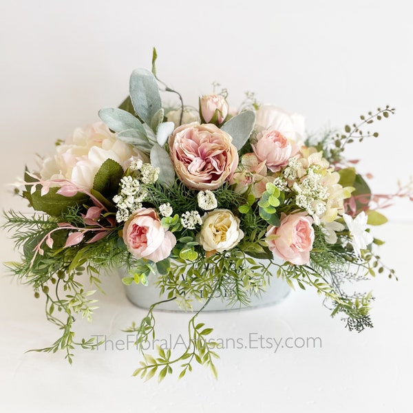 Farmhouse Style Blush Floral Arrangement | Faux Flower Centerpiece
