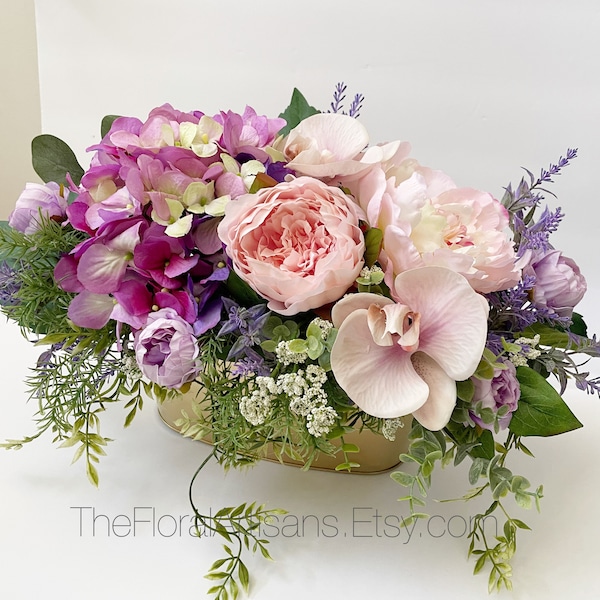 Hydrangea Floral Centerpiece | Blush Purple Faux Flower Arrangement