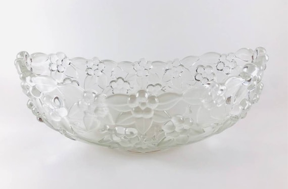 Vintage Crystal Bowl - Carmen by Mikasa Clear Crystal Oblong Dish with Dogwood Flowers Frosted Petals - Centerpiece - Serving Bowl - 1980s