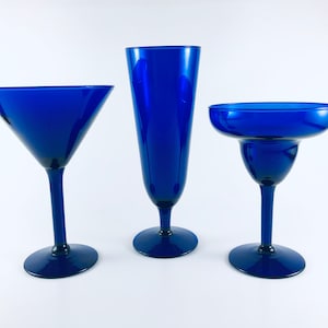 Vintage Cobalt Blue Drinkware/Barware - Margarita, Pilsner, Martini Cocktail Glasses Set of 3 - 1980s-1990s